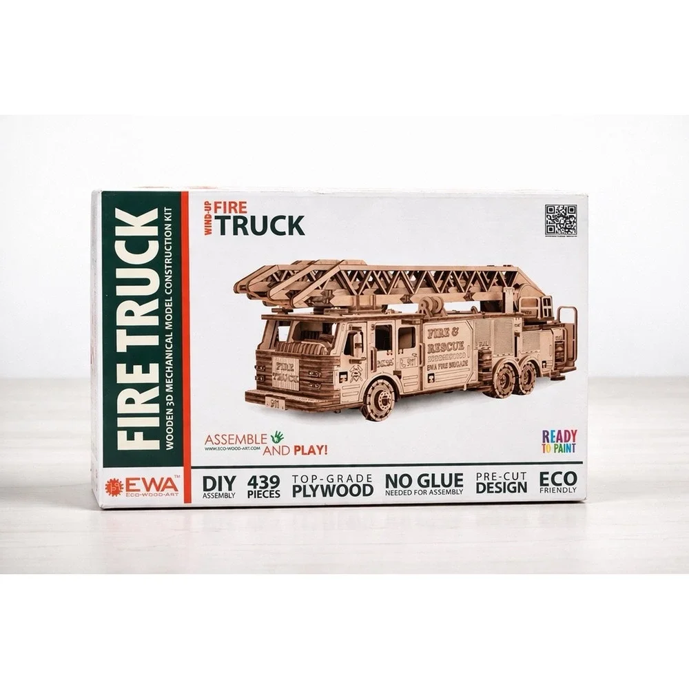 EWA Eco-Wood-Art Fire Truck 3D Wooden Model Kit 439pc DIY Wind Up No Glue